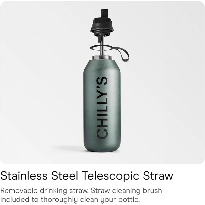 Chilly's Series 2 Flip Bottle - Thermos flask with sports cap, telescopic straw and nylon carry loop - stainless steel bottle with Easy Flip opening, straw cleaning brush included (Ombre - Slate, 500 ml)