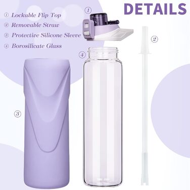 1 liter / 1l Drinking Bottle Glass with Straw BPA Free Glass Bottle with Silicone Sleeve Borosilicate Glass Water Bottle (Light Purple)