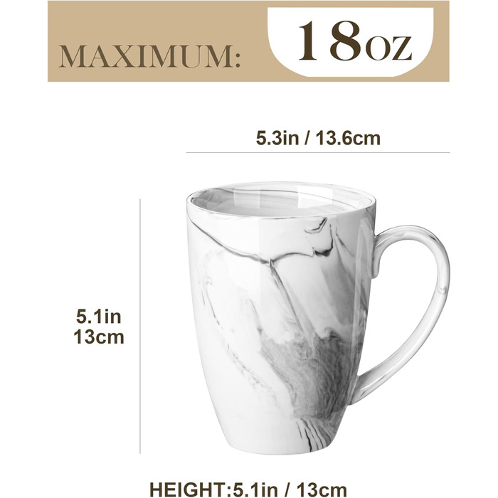 MALACASA Coffee Mug Set of 6, 560ML Porcelain Cups, Large Modern Coffee Mugs with Handles for Tea, Juice, Latte, Cappuccino, Hot Chocolate. Dishwasher and Microwave Safe, REG Marble Gray Series