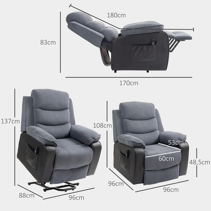 HOMCOM Power Lift TV Chair with Lifting Assistance, Electric Recliner with Lie-Flat Function, Pocket Spring, TV Chair with Footrest, Side Pocket and Remote Control, Dark Grey | Aosom