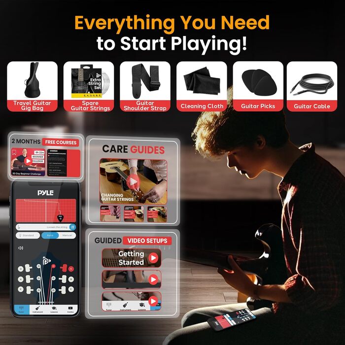 Електрогітара Pyle Prog Rock EG Series з підсилювачем, 39 дюймів, Dual Humbucker, палісандр, чорний