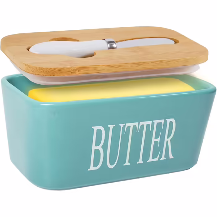 Porcelain butter dishes with lid, airtight silicone butter box, butter container for butter, nuts, cheese, sky blue + butter spreader