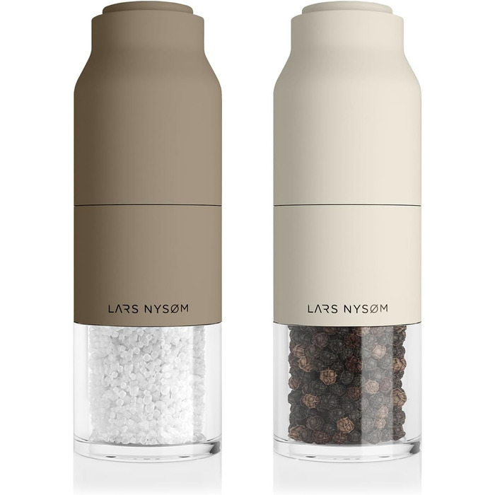 LARS NYSØM Salt and Pepper Mill Set Stainless Steel with Adjustable Grinder | Bottle Design Spice Mill Set Manual (Brown/Beige)