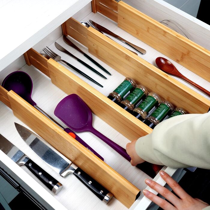 Utoplike 4 Pack Bamboo Adjustable Drawer Dividers, Adjustable Drawer Organizer, Spring-Loaded, for Clothing, Cosmetics in Bathroom and Bedroom Drawers
