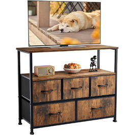 DUMOS Chest of Drawers with Drawers - Chests of Drawers & Sideboards for Bedrooms. Suitable for a Chest of Drawers with 9 Drawers, Fabric Chest of Drawers with a Stable Steel Frame, Ideal for Bedrooms, Living Rooms (Black) (5 TV Drawers Vintage Brown)