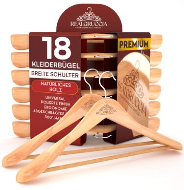 Дерев'яні вішалки для одягу RealGruccia (18 шт.) - 22x45 см, антиковзаючі, для штанів, костюмів, сорочок, темний коричневий колір