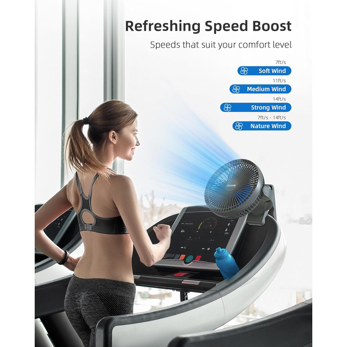 Вентилятор Koonie 10000 mAh з кліпсою, 20 см, портативний USB, акумуляторний, 4 швидкості, 360° оберт, тихий, для дому, офісу, дитячої коляски, кемпінгу, гроу-тента (блакитний)