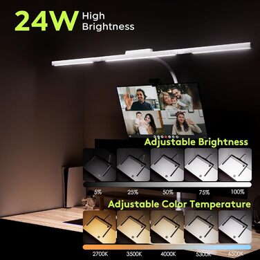 Стіл лампа з 3 джерелами світла, 24W, 100см, денне світло, з пультом керування, регульована яскравість, лампа для офісу та дому (Mattweiß)