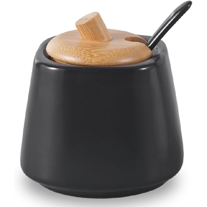 Цукорниця Pullmer з кераміки з кришкою з бамбука та ложкою, цукровий контейнер (чорна, кругла квадратна)