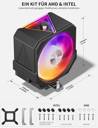 upHere UP1 Elite KC4C: Кулер для процесора з RGB підсвічуванням, 120мм, 4 теплові трубки, сумісний з AMD AM4/AM5 та Intel