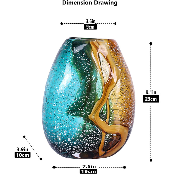 Hand Blown Blue-Green Glass Vase - Murano Style Table Decor for Flowers & Living Room