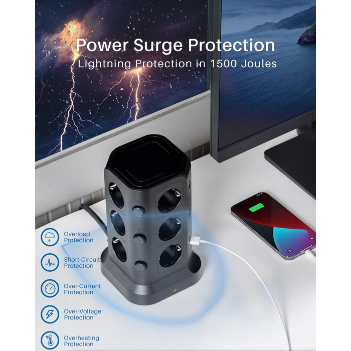 Мережевий фільтр KOOSLA з 12 розеток, 6 USB-портами, захистом від перенапруги, індивідуальним керуванням, 2м кабель, чорний