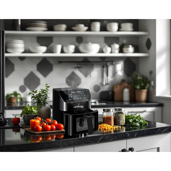 Фритюрниця повітряна LEHMANN з 2 камерами, 2400 Вт, AirFryer XXL, 12 програм, до 200°C, WiFi, 8л, чорний колір, з оглядовим вікном