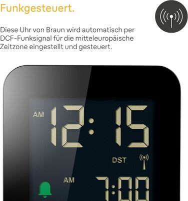 Braun Digital Travel Alarm Clock, Central European Time (CET) zone with snooze function, compact size, negative LC display, crescendo alarm in black, model BC08B-DCF.