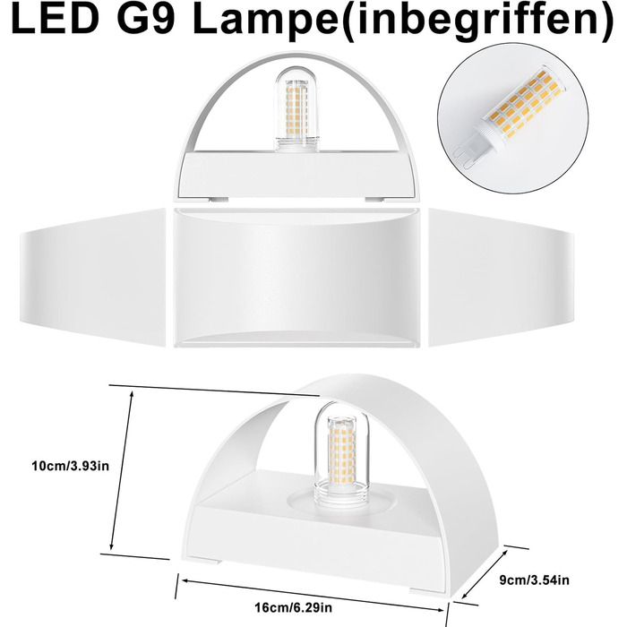 LED-стінні світильники 2 шт. - 10W, G9, вологостійкі, тепле біле світло 3000K для балкона, вітальні, спальні, коридору, гаража (біло-тепле)