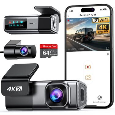 Автомобільний відеореєстратор Navycrest 4K + 1080P (передній та задній), 5GHz WiFi, 64GB SD карта, нічна зйомка, WDR, G-сенсор, паркування 24/7, циклічний запис, керування через додаток