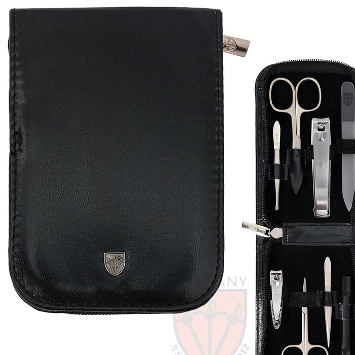 Набір для догляду за нігтями DREI SCHWERTER 'Novara' - 8 предметів. Чорний кейс з штучної шкіри. Містить: ножиці для нігтів, стекляна пилка, ножиці для кутикули, пінцет, кусачки для нігтів та інше. Чорний, матові інструменти