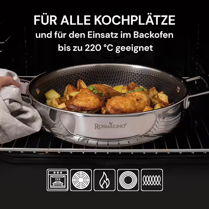 ROSMARINO HexaPro 3.0 28 cm Stainless Steel Frying Pan - High-quality non-stick coating, oven-safe - Ideal for versatile cooking (Pan, 24cm)