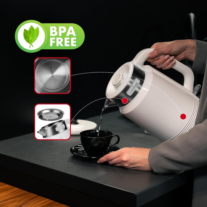 Електричний чайник LEHMANN з нержавіючої сталі 2L, 2200W, швидкий нагрів, подвійні стінки, автовимкнення та захист від перегріву, BPA-free, для великих сімей та офісів, білий