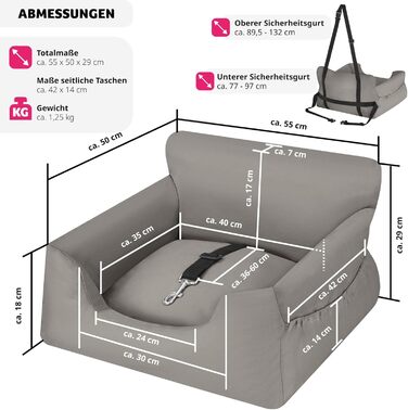 Автокрісло для собак tectake®: зручне автоліжко для собак з підсумком, 55 x 50 x 29 см, сіре