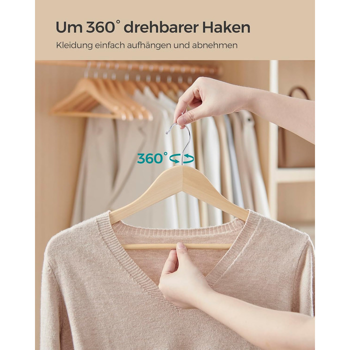 SONGMICS Wooden Clothes Hangers, 12-Piece Set, Wooden Hangers, Shoulder Indentations, Trouser Bar, Trouser Hanger, 360° Swivel Hook, for Jackets, Shirts, Coats, natural beige CRW010N12