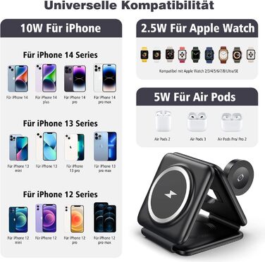 Зарядна станція MagSafe для iPhone: бездротовий зарядний пристрій 3-в-1, сумісний з iPhone 16/15/14/13/12 Pro Max Plus, iWatch, чорний