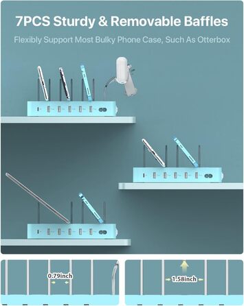 Зарядна станція SooPii USB 60W/12A, 6 портів, органайзер для декількох пристроїв з тримачем для Apple Watch, 6 кабелів (синій)