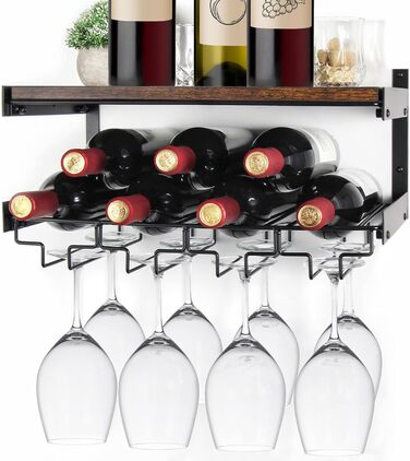 B4Life Wall Mounted Wine Racks, Stemware Holder Wall Mount with Stemware Hangers Modern Wine Display Storage Holder for Kitchen Dining Room Bar - Holds 8 x Glasses and 7 x Wine Bottles