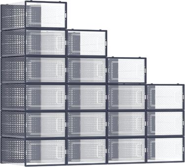 SONGMICS Shoe Boxes, 18-Piece Set, Plastic Shoe Organizer, Foldable and Stackable, for Shoes up to Size 44, Transparent-White LSP18SWT (Transparent + Anthracite Blue, 18-Piece Set for Shoes up to Size 44)