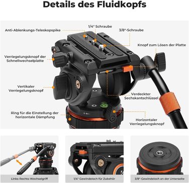 Штатив для камери K&F CONCEPT VA3+BV10: професійний відеоштатив з поворотним кріпленням, 184 см, для DSLR та відеокамер