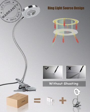 LED лампа для читання з кліпсою, диммер, 3 режими, 10 рівнів яскравості, срібляста, 8W