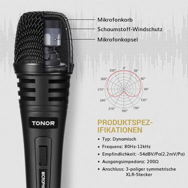Динамічний мікрофон TONOR з кабелем XLR 5м та адаптером 6.35мм для караоке, сцени, студії та дому (чорний)
