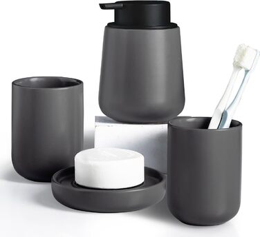 4-Piece Bathroom Accessories Set, Ceramic Bathroom Accessories Set with Soap Dispenser, Soap Dish, Toothbrush Holder, Elegant Matte Bathroom Set with Embossed Details, White (Gray)