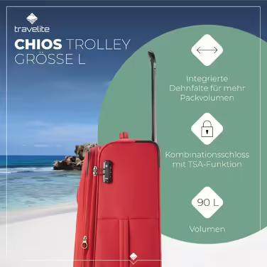 Travelite 4-Wheel Luggage Size L, Softshell, Chios Luggage Series with Expandable Folding and Edge Protection, Trolley with Timeless Design, 78 cm, 90-97 Liters (Trolley Size L (78 cm), Red)