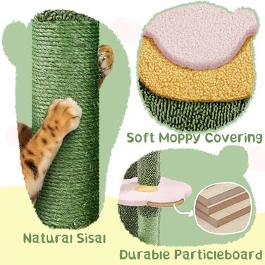 Дерево-кіготь для котів Yaheetech Kaktus, 123 см, оазис-тема, зелено-жовтий, для 2-3 котів, з 2 платформами та 2 печерами