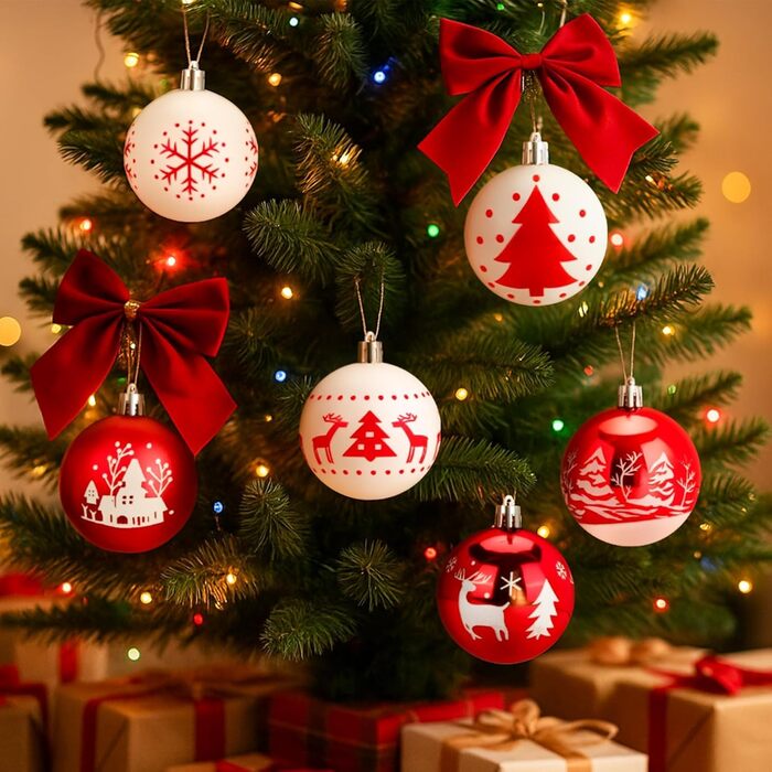 Набір прикрас на ялинку 16 шт. 6 см, пластикові кулі, червоно-білі, міцні, з кріпленням, для декору ялинки в приміщенні та на вулиці
