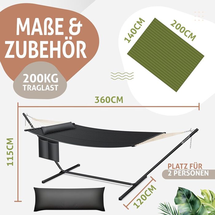 KESSER® Hill Hammock with Stand - Double Hammock with Cushion for 2 People - Stable Frame with 200kg (440lbs) Weight Capacity - Indoor & Outdoor Use - XXL Hanging Chair for Two or Multiple People - Garden, Balcony, Terrace, Anthracite