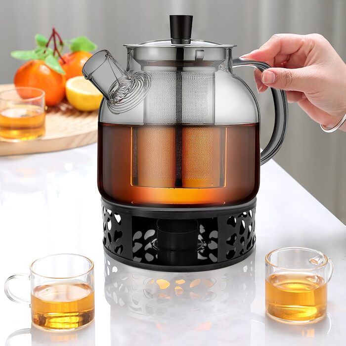 Скляний чайник з ситечком та підставкою для підігріву, 1500 мл, з боросилікатного скла, для листового чаю та чайних пакетів, чорний