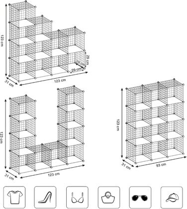 SONGMICS Grid Panel Shelf, Storage System, Cube Shelf, Set of 12 Cubes, for Shoes, Books, Living Room, Bedroom, Expandable, 31 x 93 x 123 cm, White LPI34W