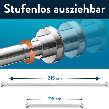 Висувна штанга для душу Benkstein® без свердління, 125-230 см - штанга для душу з нержавіючої сталі, 12 кілець, телескопічна, стабільна, без свердління