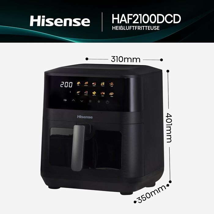 Фритюрниця без олії Hisense HAF2700DCD, 2700 Вт, 11 л, 8 програм, антипригарне покриття, дисплей, енергоефективна, SyncServe, чорна