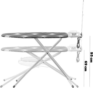 Відкидна гладильна дошка KADAX 120x38 см з парогенератором та розеткою, регульована висота, антиковзні ніжки, полиця для праски (в клітинку)