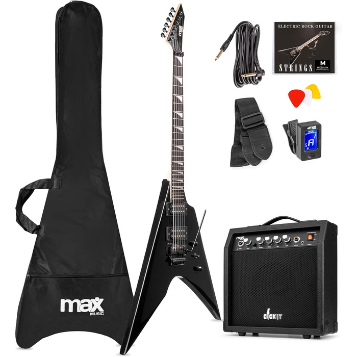 Електрогітара Max GigKit Rock Style: Комплект для гітари з підсилювачем, чохлом, медіатором, тюнером, кабелем, струнами та ременем, 24 лади - Чорний