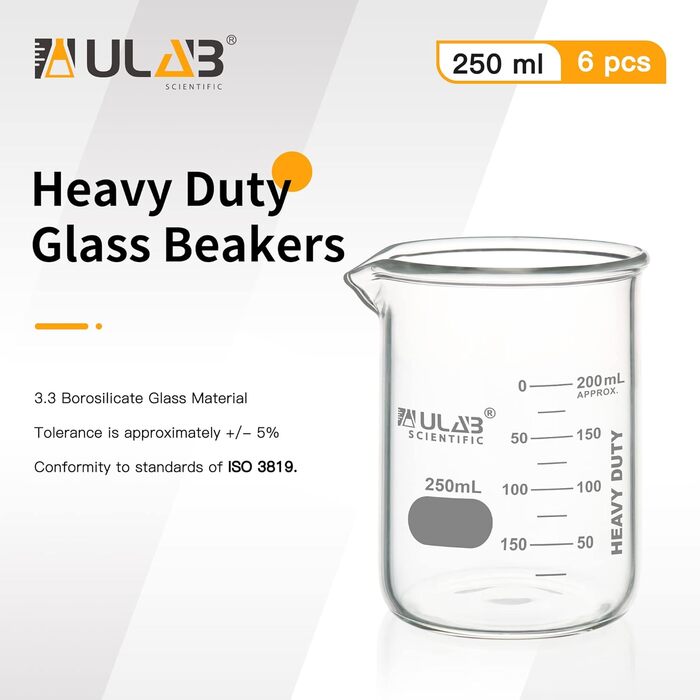 ULAB Heavy Duty Beaker, 6 Pieces Vol.250ml (8.45oz), Borosilicate 3.3 Glass, Thick-Walled Beakers, with Double Scale, Superior Durability & Chemical Resistance, UBG1055