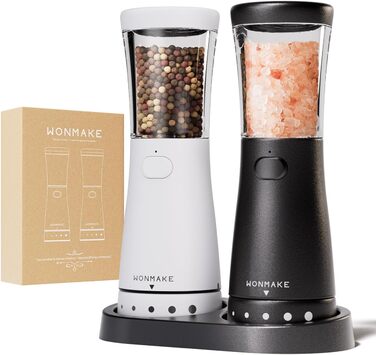 Salt and Pepper Grinder Electric 2-Piece Set with USB Rechargeable, Improved 4.5oz Large Capacity Spice Grinder Electric, Adjustable Coarseness with LED Light, Ideal for the Kitchen (Black/White)