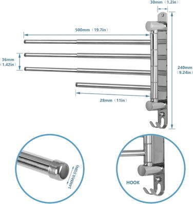 Тримач для рушників JSVER поворотний на 180°, з нержавіючої сталі 304, з 3 висувними рушниками до 50 см, для кухні, ванної кімнати, гардеробу, монтаж на стіну (срібло)