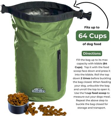 Трояк для корму для собак Callieco з лопаткою та кишеню на блискавці, водонепроникний контейнер для дому, подорожей на авто, кемпінгу, перельоту та іншого (64 порції) (64 чашки, зелений)