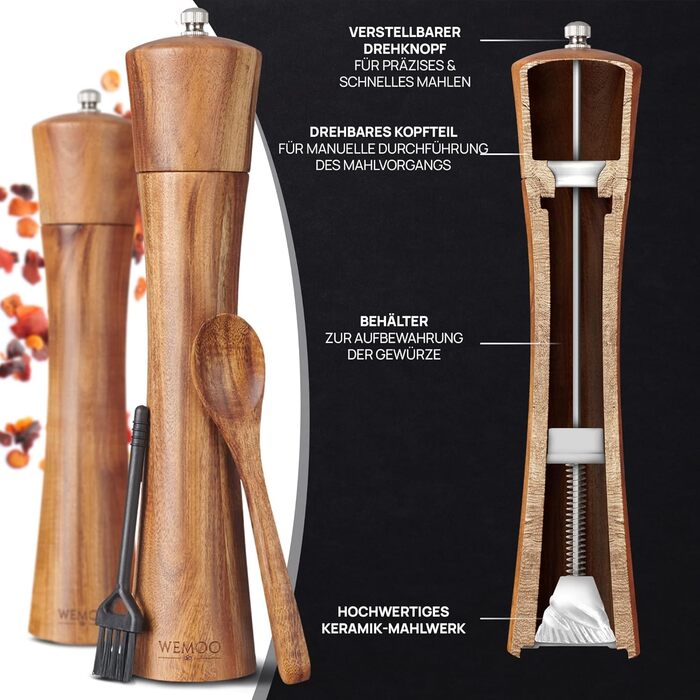 Wooden Salt and Pepper Grinder Set, Very Large (25.5 cm) | Spice Grinders with Durable Ceramic Grinder | Extra Filling Spoon and Cleaning Brush | Set with Pepper and Salt Mills