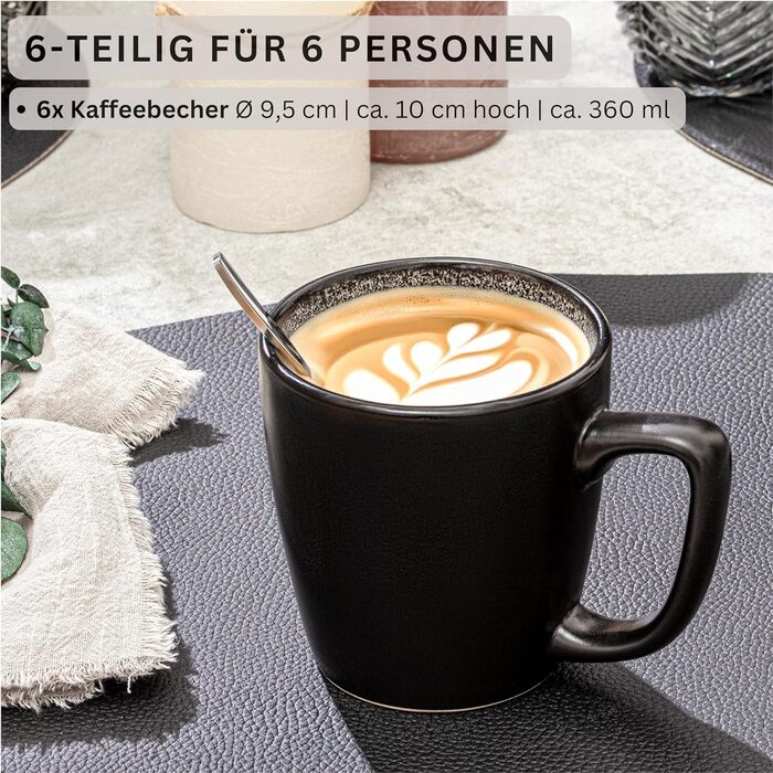 Набір кавових чашок SÄNGER Luxor (6 шт.) з кераміки, 360 мл, для кави та чаю, темно-коричневого кольору, стійкі до миття в посудомийній машині та мікрохвильовій печі