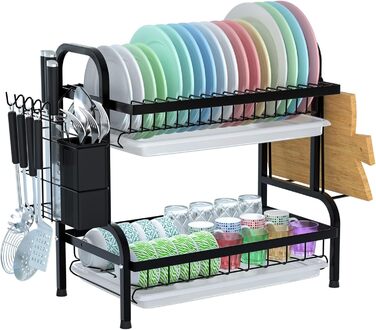 Сушарка для посуду Astoryou 2-ярусна, чорна, з підставкою для столових приборів, з нержавіючої сталі (42x23x41 см)